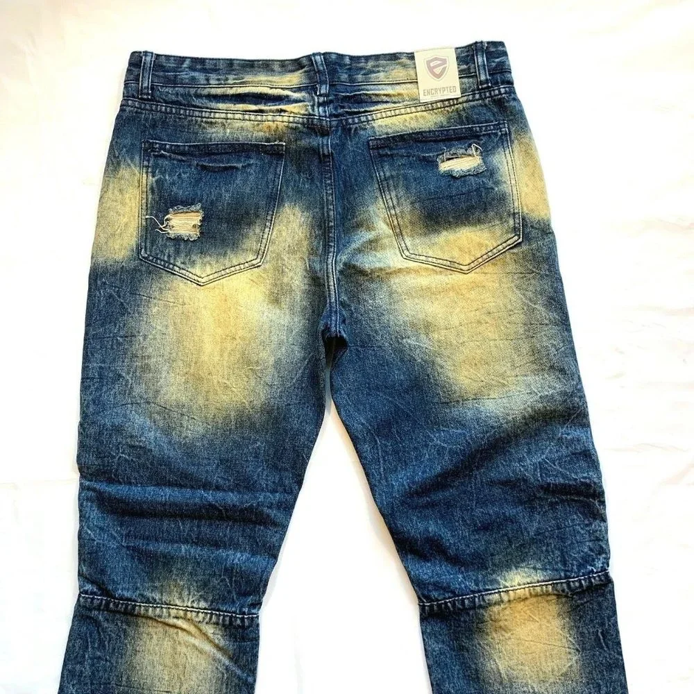 Encrypted Jeans Mens‎ 38x33 Distressed Acid Wash Relaxed Biker Moto Quilted NEW